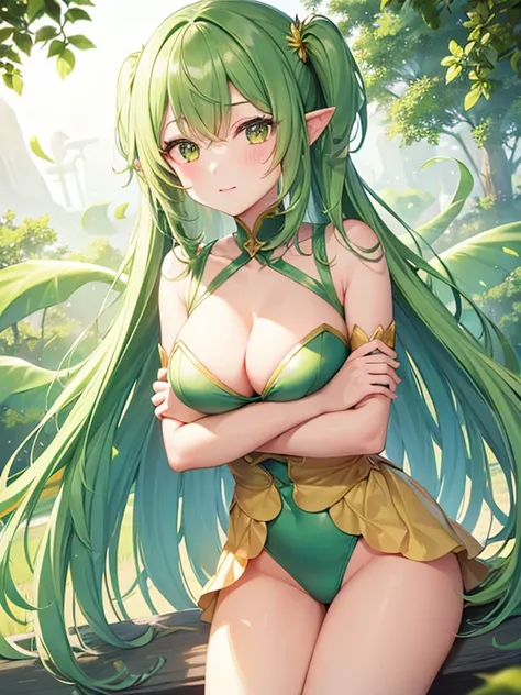 1girl, fun loving female fairy, 1thumb and 4 fingers on each and, 1hand on each arm, 1arm on each shoulder, 1foot on each leg, green long hair, green shiny no-crossed eyes, green and yellow leotard, green and yellow sleeve on each arm, green and yellow leg...