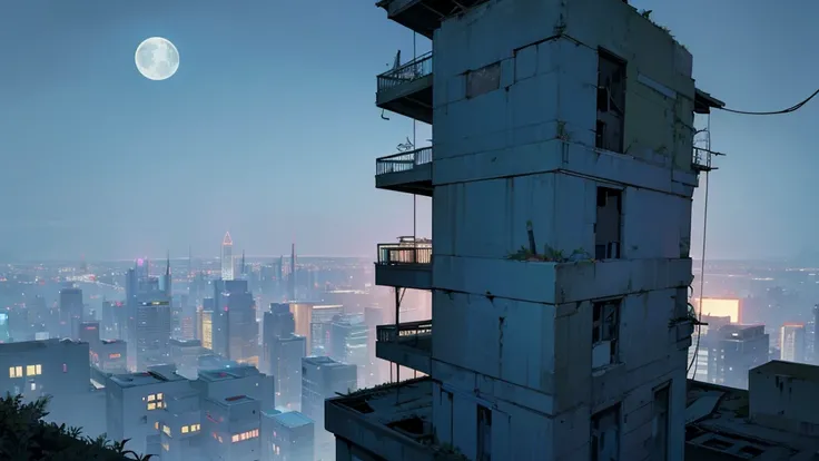 make the top of a building at night. in an abandoned city taken over by plants. the sky is clear and the moon is full.