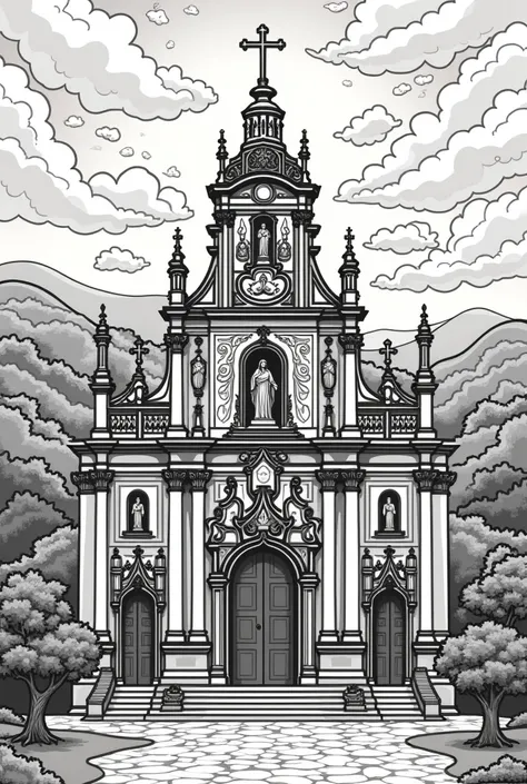 Reinterpret the work Church of Our Lady of Mount Carmel by Aleijadinho. I want it to be a coloring page, in good quality 