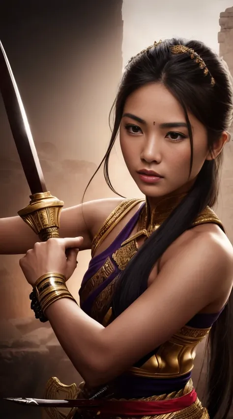 Create a photo of an ancient Thai female warrior around 30 years old, with beautiful and intense facial features, holding a traditional Thai sword. She is engaged in fierce combat on an ancient Thai battlefield, surrounded by many warriors fighting and man...