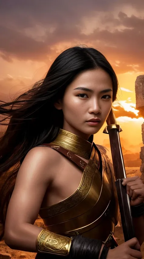 Create a photo of an ancient Thai female warrior around 30 years old, with beautiful and intense facial features, holding a traditional Thai sword. She is engaged in fierce combat on an ancient Thai battlefield, surrounded by many warriors fighting and man...