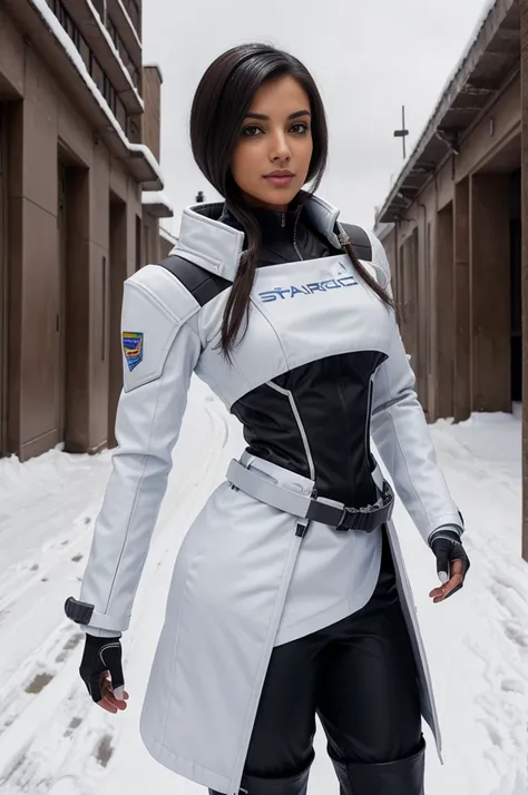 mass effect style,beautiful tanned arab adult female, delicate face features, playful expression, brown eyes, stylish black hair, wearing blue scientist uniform and white researcher coat, tight trousers, black military armor parts, rebel spirit, sexy posin...