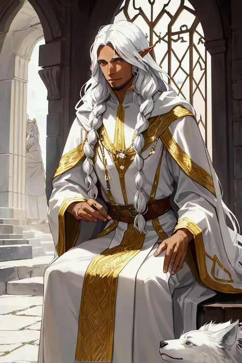 A portrait of the fantasy writer Arylnn East, a brown-skinned man with long white braids, wearing a magical cloak, sitting alongside his massive white wolf-like companion in a fantastical, mystical setting.