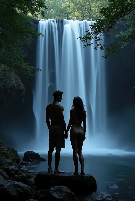 couple at night in a not so big medium waterfall without anything ( naked ) of clothes with trees around 