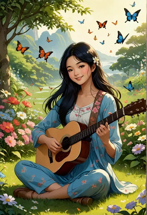 Beautiful young woman in Sarah Kay style with long straight black hair, delicate Asian features, dressed casually, is playing an acoustic guitar, she is in a flowery garden, sitting on the grass, surrounded by birds, butterflies and flowers, smiling and en...