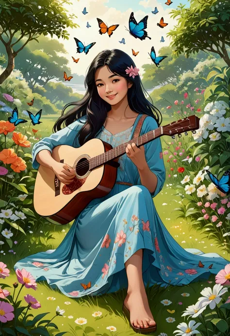 Beautiful young woman in Sarah Kay style with long straight black hair, delicate Asian features, dressed casually, is playing an acoustic guitar, she is in a flowery garden, sitting on the grass, surrounded by birds, butterflies and flowers, smiling and en...