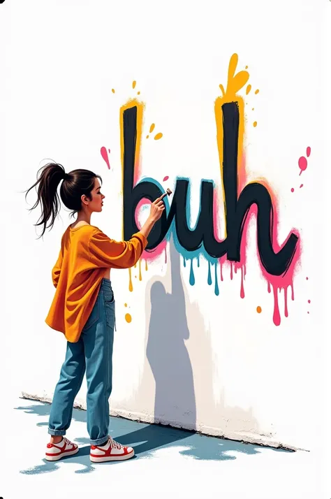 A woman graffitiing the name buh, cartoon, dressed in loose clothing, with a white background 