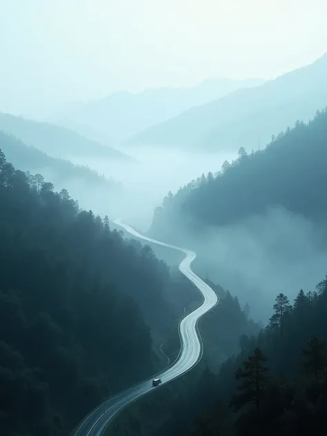 Witness the quiet allure of foggy roads in the mountains, where the mist blurs the horizon, all in vivid Ultra HD resolution.