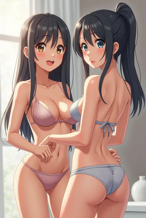 Two girls with male member (Futanari), in his underwear showing his bulge, small tits NSFW, nude with penis