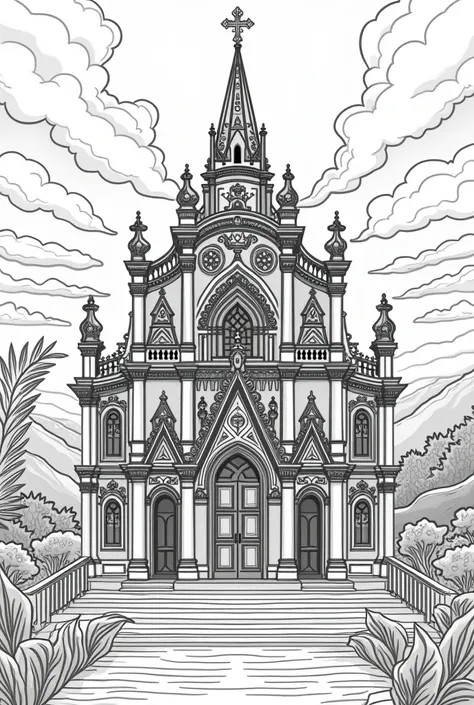 Reinterpret the work Church of Our Lady of Mount Carmel by Aleijadinho. I want it to be a coloring page, in good quality, like lots of details but with easy-to-draw lines 