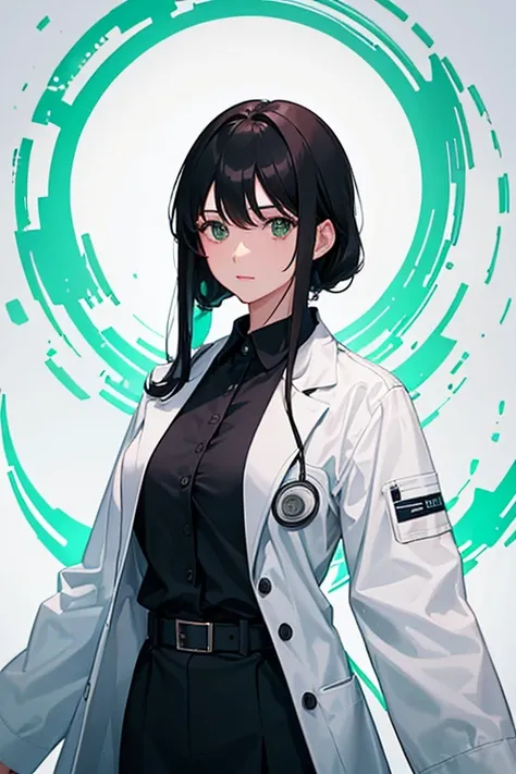 50 year old female doctor, wearing medical uniform, long black hair, doctors clothing, white coat, green blouse, white pants, looking directly at viewer, white background.