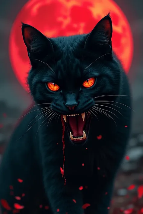 Horror cat with blood full moon  night ,with attractive  eyes, long teeth black theme. With cat girl in batman look