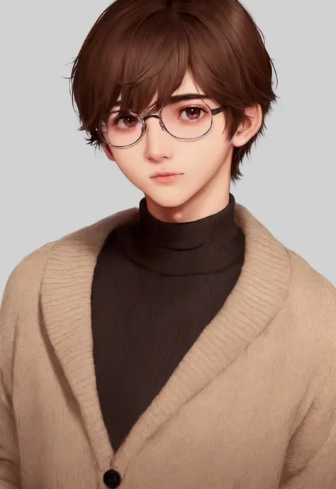 A young man of 17 years old, with brown disheveled hair, cute face, boxy face, wearing bluish spectacles and brown  eyes, wearing white turtleneck.