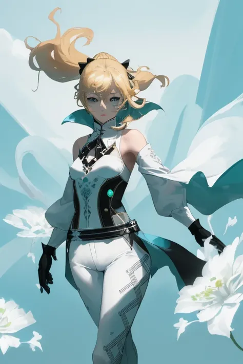 ((masterpiece,best quality)),(negative space:1.4),(1girl, solo:1.4),beautiful detailed eyes,floating blond ponytail hair, long white pants, perfect body, white clouds and blue sky, green grass, white flowers, dynamic pose, happy, walking outside in a sunny...