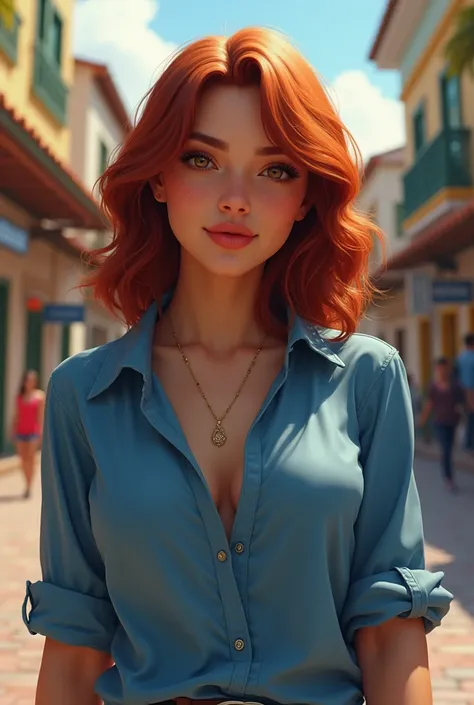 Beautiful 20 year old woman, Tez blanca, Brown eyes, medium wavy red hair, dressed in a casual blue shirt, with big breasts, big glutes. Whatever the background is in Plaza Oleary in Caracas, Venezuela 