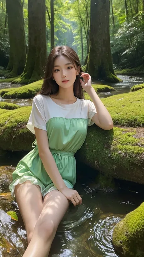 Create 64k photos of a tranquil forest scene at dusk. The forest is bathed in soft, gentle light. There are tall ancient trees. The leaves have a sparkling emerald green color. Low angle portrait. A young woman with a beautiful Thai-Chinese face. ((sexly))...