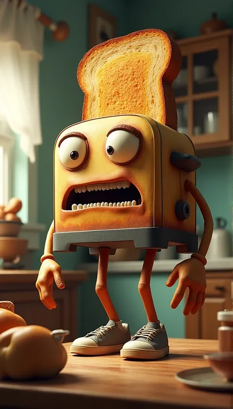 (masterpiece, Highest quality, Very detailed, 8k wallpaper, Realistic), Concept Art, anthropomorphic bread toaster, a monstrous device, Whimsical, blackmail in the kitchen, Cartoonish, Vibrant