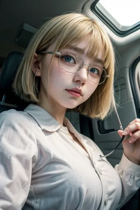 high quality, detailed,green eyes.she is 13 years old japanese gal,she has a mole under her eye,(big breasts),she has Stethoscope,wearing long sleeve white doctor uniform,blunt bangs,blonde bob hair,slender,face,up((wearing glasses))
sit in the car
(((self...