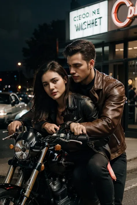 A handsome, dashing man rides a sports motorbike wearing a leather jacket and piggybacks on a beautiful woman