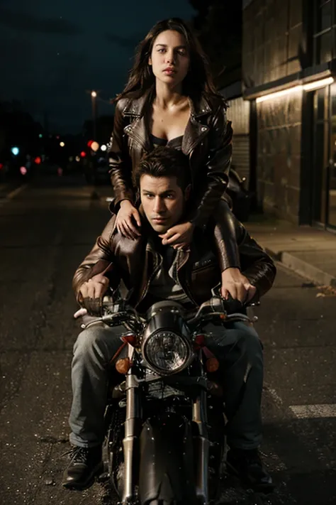 A handsome, dashing man rides a sports motorbike wearing a leather jacket and piggybacks on a beautiful woman