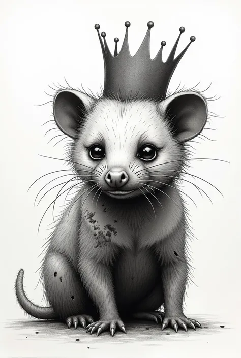 Create a sketch of a torn opossum with a broken crown in pointillism 