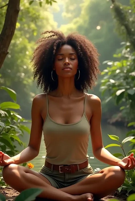 Cinnamon tone black woman meditating outdoors with shoulder length curly hair 