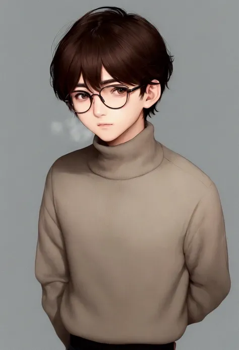 A young man of 17 years old, with brown disheveled hair, cute face, little dark skin boxy face, wearing bluish spectacles and brown  eyes, wearing white turtleneck.