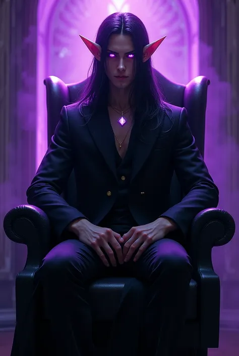 Man with elf ears, with long dark hair, sitting in a black chair. Purple eyes in purple light. Fae