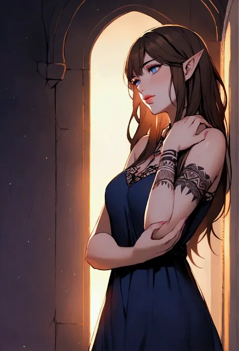 An adult woman, inside a castle at night, with long brown hair, freckles on her face, with bright blue-gray eyes, Her lips are pink, She wears a sensual dark blue dress, has short elf ears, tribal tattoos on her arms