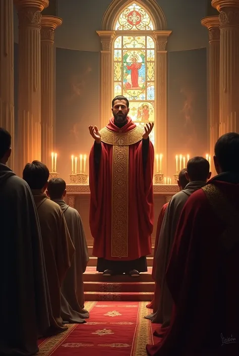 A priest in ornate liturgical vestments stands at the altar of an Orthodox church, raising his hands in blessing over a kneeling congregation. The church is richly decorated with icons on the walls, and soft light filters through stained glass windows. The...