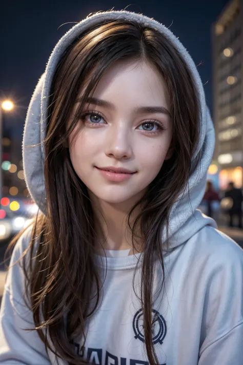 highy detailed: 1,5, high resolution, detailed lines and colors, perfect lighting, face detailed, detailed hair, detailedeyes, detailed nose, detailed lips. an adult and beautiful girl:1,9, wearing a sweatshirt, wearing a sweatshirt, with smile on face, ci...