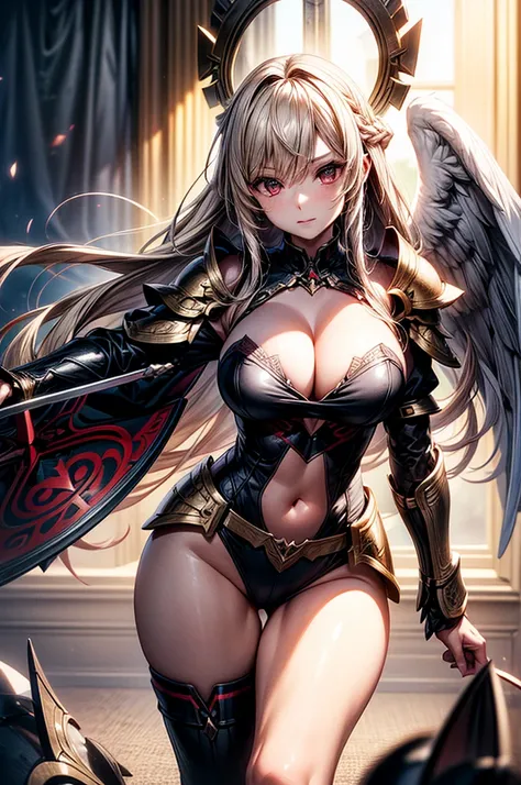 female archangel prepared for battle, an extremally beautiful warrior valkyre, ultra feminine, long hair, dark blonde hair, braided hair, wearing divine heavy armor, cleavage, big breasts, (white armor: 1.2), (angel wings: 1.2) spread, golden greatsword an...