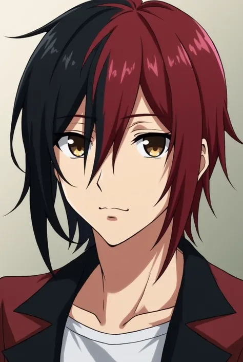 Light skinned anime man with black right and red left medium long hairstyle, dark brown eyes, serious face.