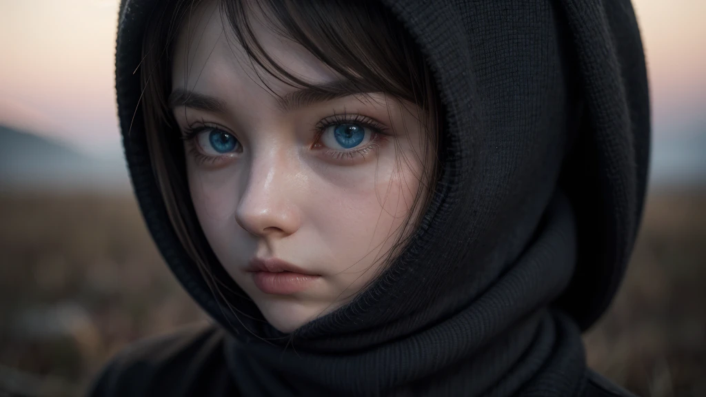 One woman, approximately 25 years old, in loose, lightweight black clothing, wearing a prominently visible balaclava. She has striking blue eyes, adding to the atmosphere. The woman is depicted from the waist up, in random, beautiful locations and in vario...