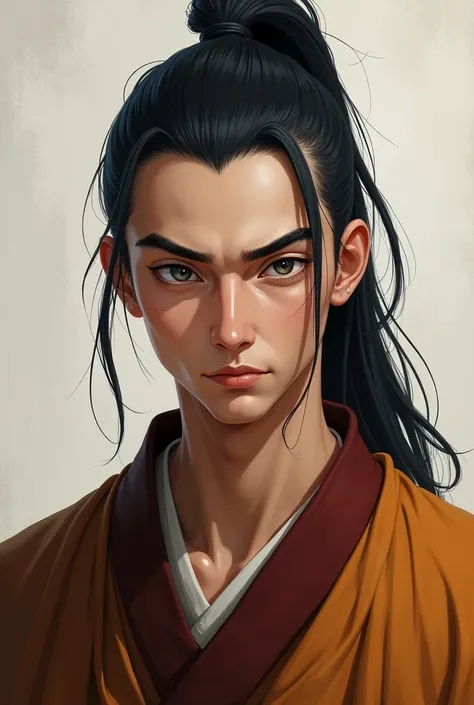 Portrait of a male monk, with big, thick, bold eyebrows, long black hair in a ponytail, , and Grey eyes. 