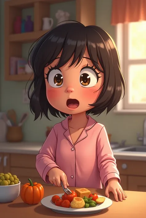 girl in pajamas surprised stealing food in the kitchen animated