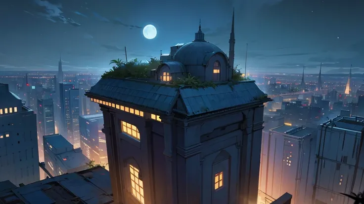 create a scene from the top of a building at night. in an abandoned city taken over by plants. the sky is clear and the moon is full.