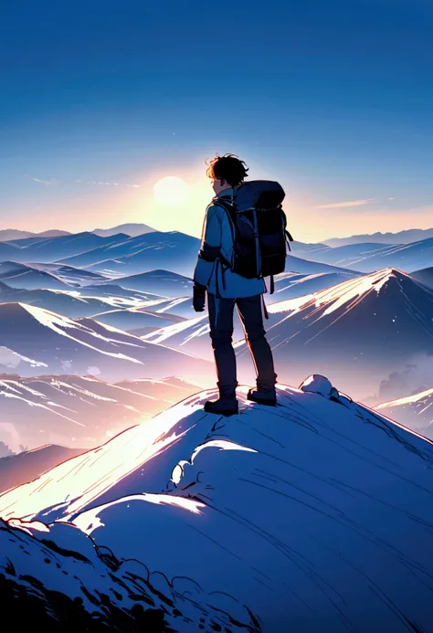 Design a breathtaking anime scene of a male character standing on a mountain peak, gazing out at a vast landscape of rolling hills, distant mountains, and a clear blue sky. The character should be dressed in hiking gear, with their hair gently blowing in t...