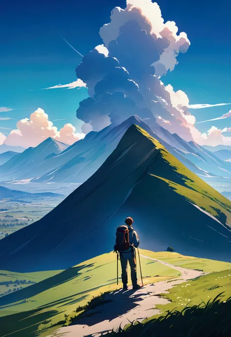 Design a breathtaking anime scene of a male character standing on a mountain peak, gazing out at a vast landscape of rolling hills, distant mountains, and a clear blue sky. The character should be dressed in hiking gear, with their hair gently blowing in t...