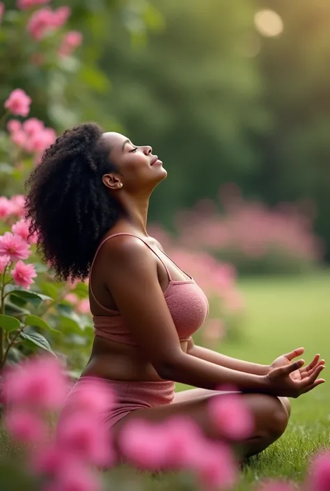 Tan tone black woman meditating outdoors, near a garden of pink flowers, backwards, black curly hair, a little below the shoulders, and curvy build