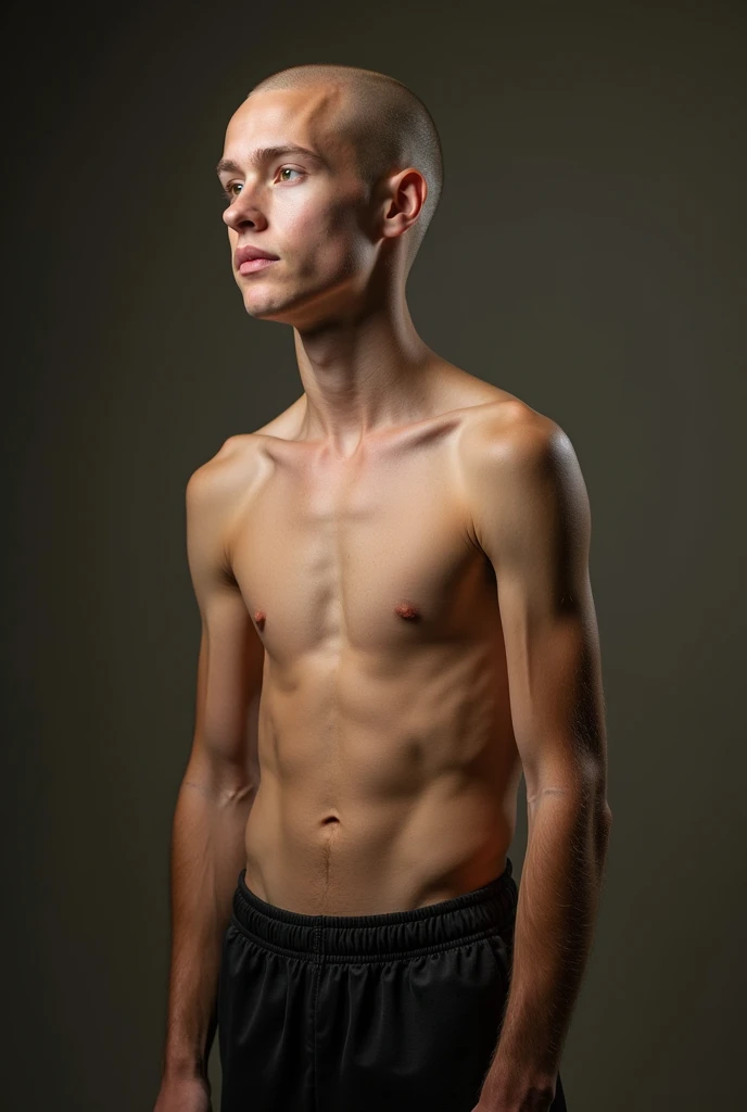 Wild muscular 16 year old teen, with strong arms on top of a bald head without wearing a shirt and with a large penis, without wearing any type of clothing