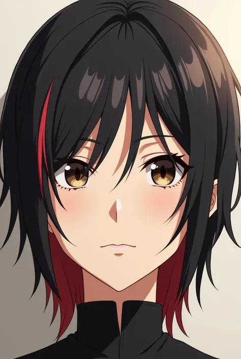 Light-skinned anime man with medium-long hairstyle with short bob, Color, black on the right side and red on the left, dark brown eyes, serious face.