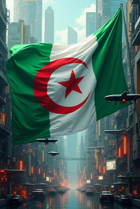 Create an image that represents the Algerian flag and lots of technology 