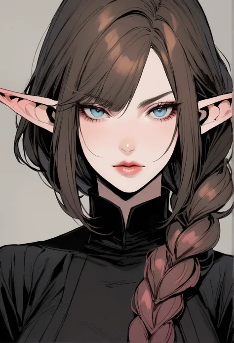 An adult woman, with brown hair in a single braid, with bright gray-blue eyes, Her lips are pink, face serious, She wears a black dress with a high collar, has short elf ears