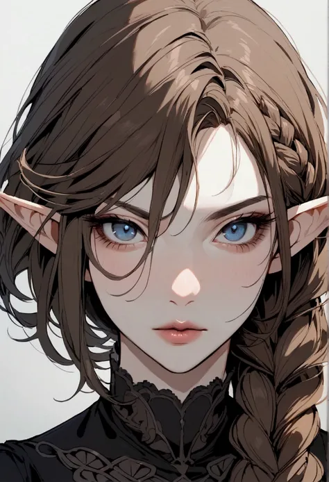 An adult woman, with brown hair in a single braid, with bright gray-blue eyes, Her lips are pink, face serious, She wears a black dress with a high collar, has short elf ears