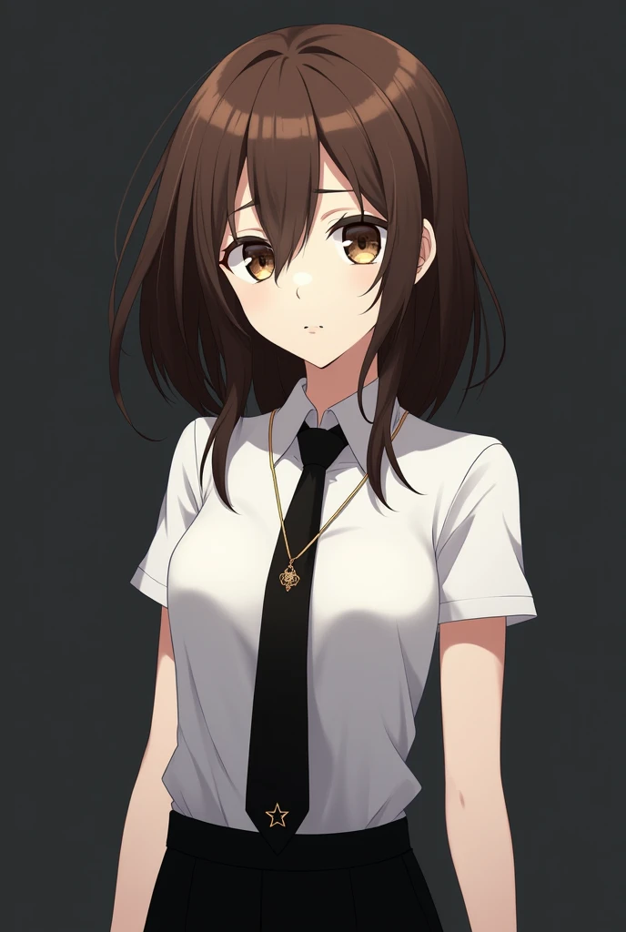 The mysterious anime woman has brown hair, that falls in soft waves on your shoulders. Her clear eyes seem to see beyond what is in front of her., as if they were scanning a secret code. his face is pale, with delicate features and a straight nose.

Wear t...