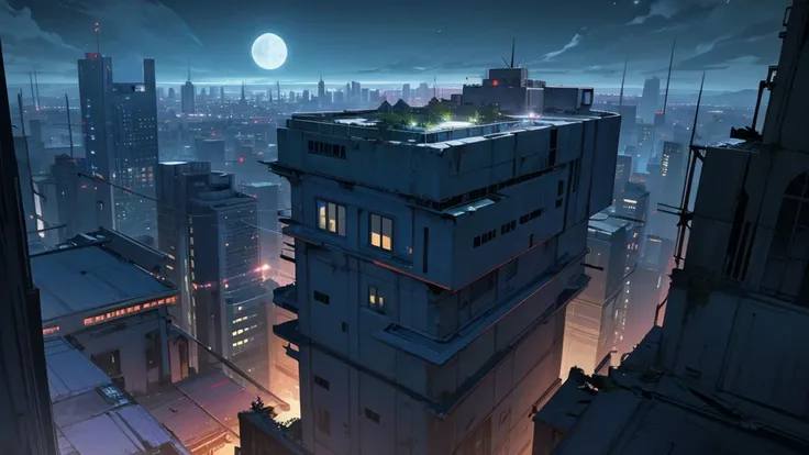 create a scene from the top of a building at night. in an abandoned city taken over by plants. the sky is clear and the moon is full.