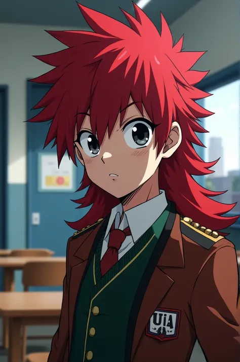 Screenshot of my hero academia.
Boy with long red hair. He has black eyes and has a serious expression., He is wearing the Ua uniform and in the background there is a room