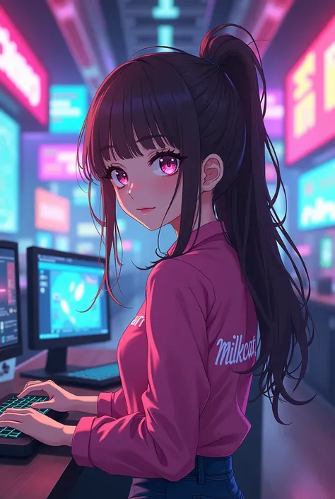 Gamer girl with long brown hair with bangs , from the back and with a pink blouse with the nick "Milkcat" written on the back , and she is in an anime style gaming arena