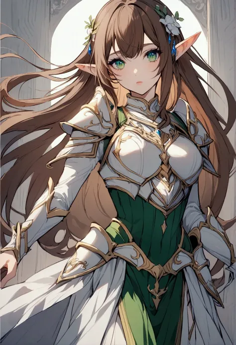 Girl with brown hair, green eyes, elf ears, light efril armor